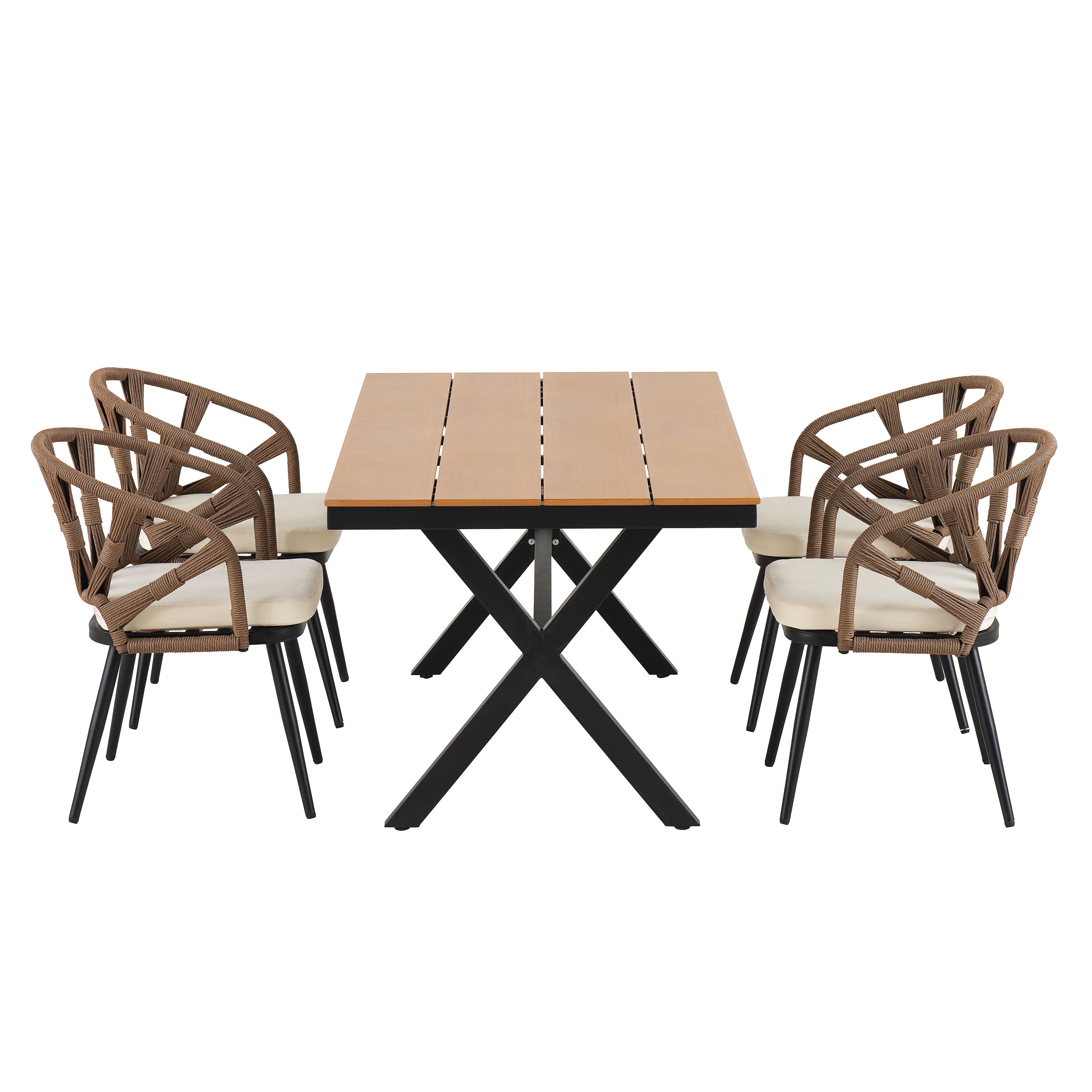 U_Style 4-Seater Brown PE Rattan Outdoor Dining Set: Modern Plastic Wood Table & Linear Chairs for Garden, Patio, Lawn - Weather-Resistant & Durable, Residential Use