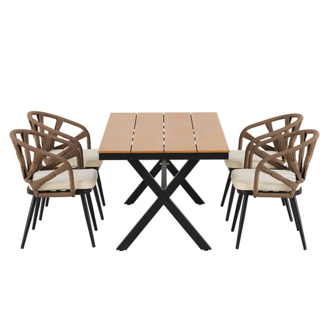 U_Style 4-Seater Brown PE Rattan Outdoor Dining Set: Modern Plastic Wood Table & Linear Chairs for Garden, Patio, Lawn - Weather-Resistant & Durable, Residential Use