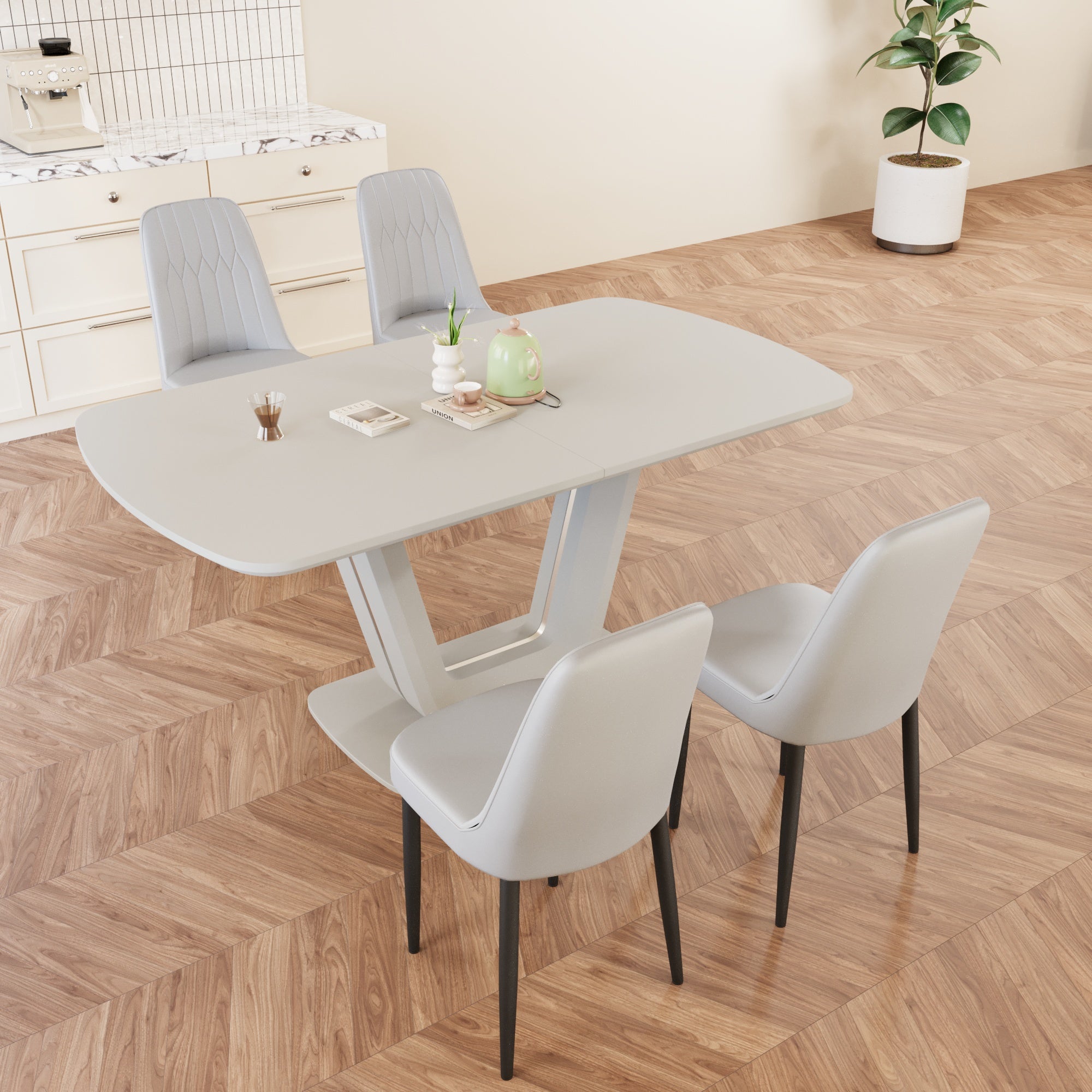 Expandable Dining Table Set for 2-8 People, 63-79" Gray MDF Kitchen Table with 4 PU Leather Padded Chairs, U-Shaped Legs, Modern Farmhouse Style for Dining Room & Living Room