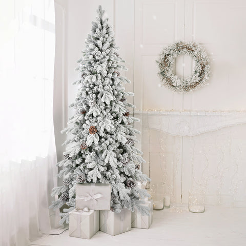 9 FT Snow-Kissed Flocked Christmas Tree: 2138 PE/PVC Tips, 52 Pine Cones, Hinged Branches, Metal Stand. Realistic Snowy White & Green Slim Design for Cozy Home & Apartment Holiday Decor.