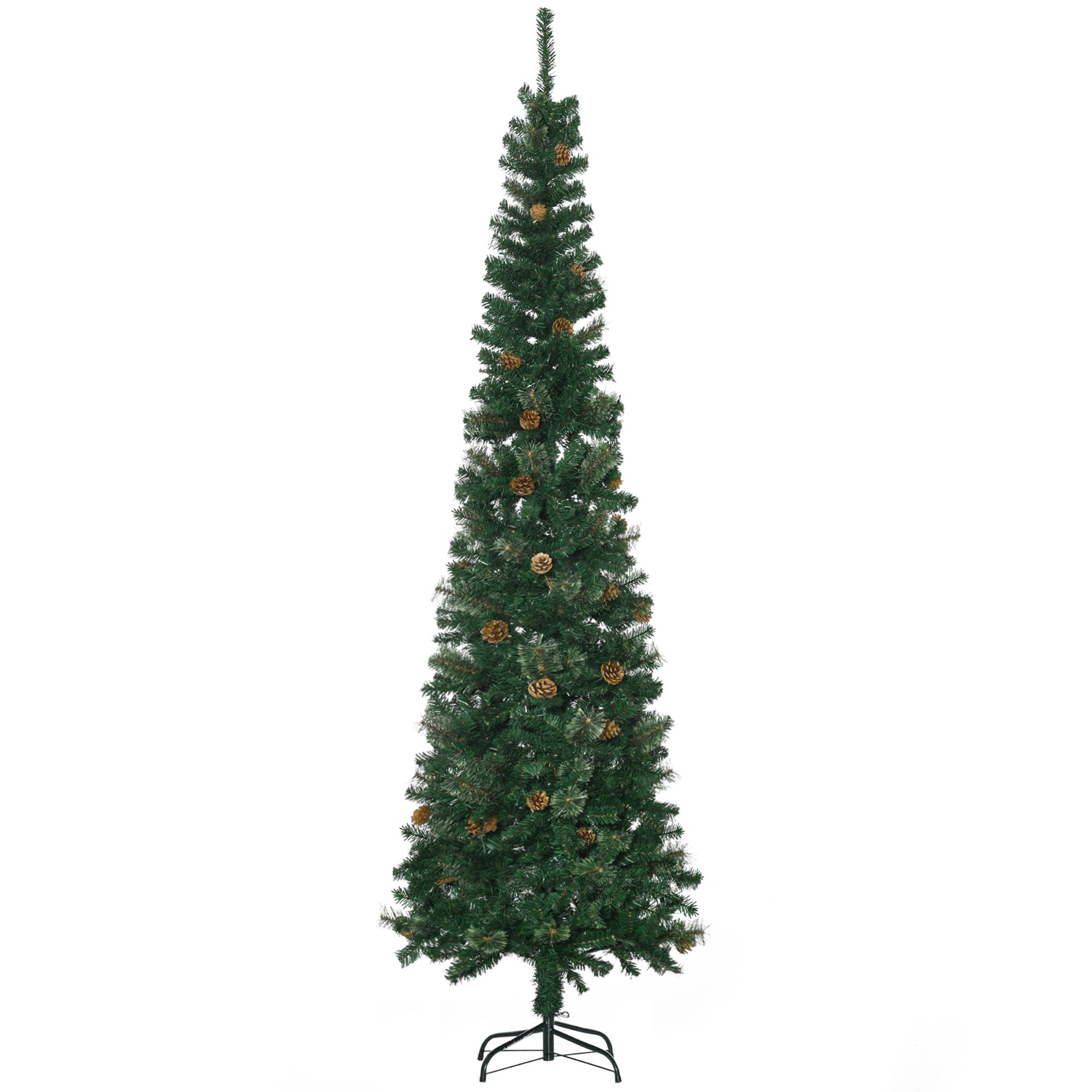 HOMCOM 7.5ft Slim Pencil Artificial Christmas Tree, Realistic Pine Needles & Cones, Flame Retardant Green Xmas Tree with Sturdy Metal Base for Home & Fireplace Decor