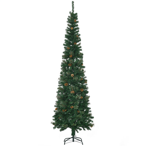 HOMCOM 7.5ft Slim Pencil Artificial Christmas Tree, Realistic Pine Needles & Cones, Flame Retardant Green Xmas Tree with Sturdy Metal Base for Home & Fireplace Decor