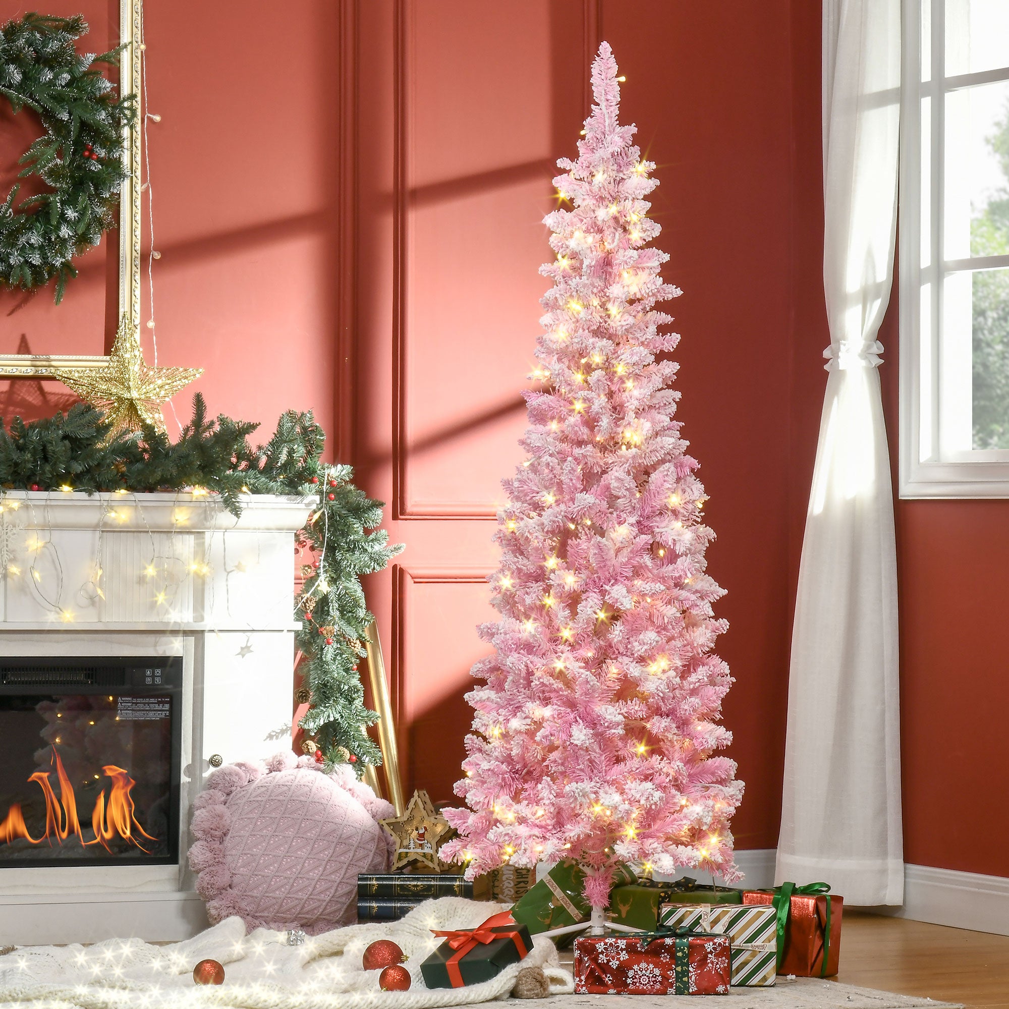 HOMCOM 6ft Pink Snow Flocked Pencil Christmas Tree | Realistic Pine Branches, Warm White LEDs, Auto Open | Indoor Holiday Decor