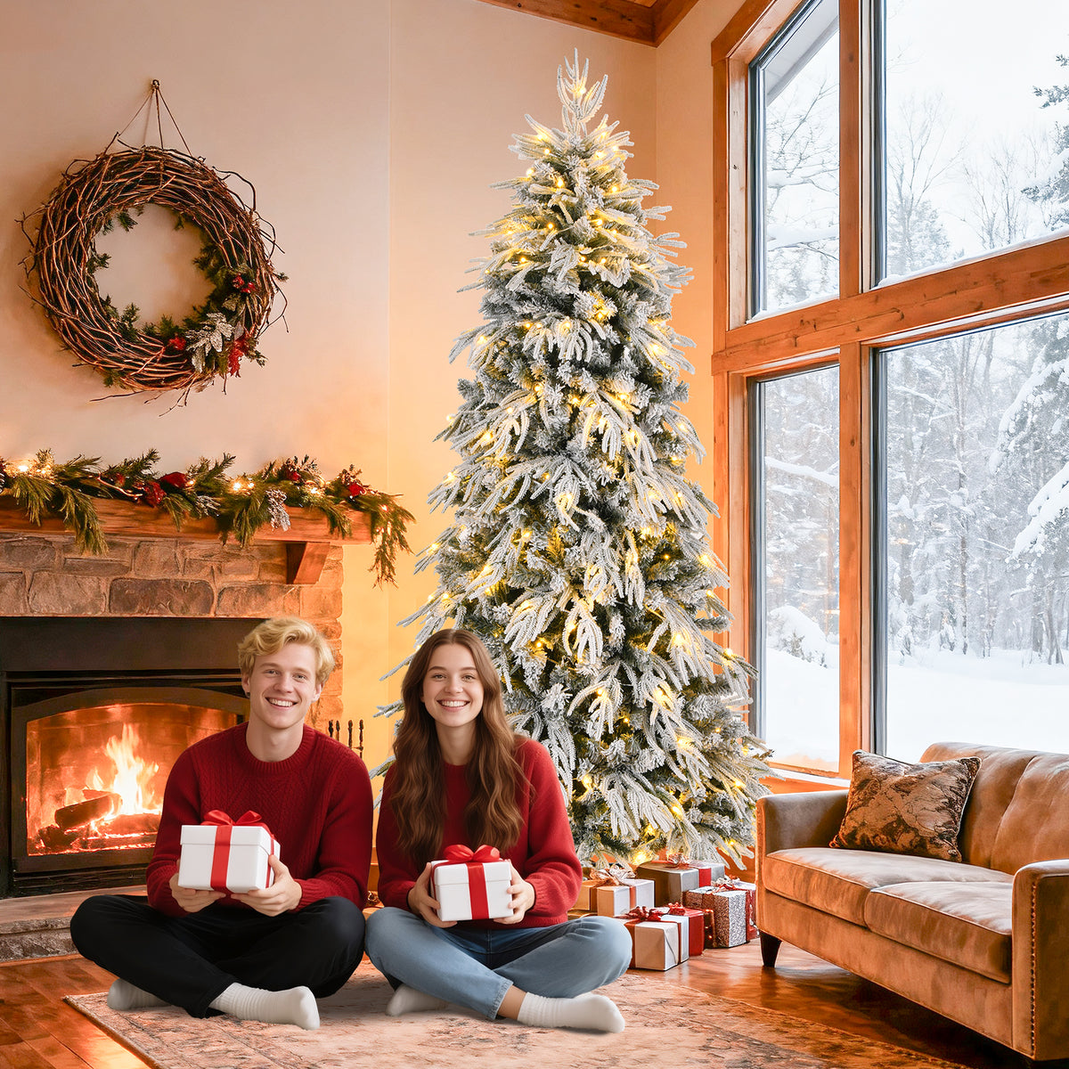 8ft Slim Flocked Noble Christmas Tree - Pre-lit Warm White LED, 950 PE/PVC Tips, Realistic Snow Design, Easy Assembly for Home Corners & Narrow Spaces