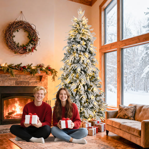 8ft Slim Flocked Noble Christmas Tree - Pre-lit Warm White LED, 950 PE/PVC Tips, Realistic Snow Design, Easy Assembly for Home Corners & Narrow Spaces