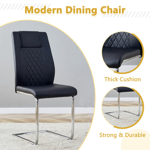 55" Cream-Style White MDF Dining Table Set with 6 Black PU Chairs & Silver Metal Legs - Modern Kitchen Furniture for Family Meals, Seats 6, Durable & Easy Assembly