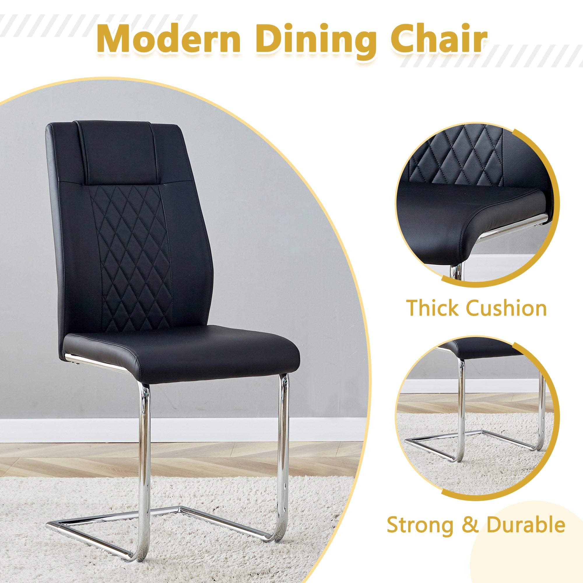 55" Cream-Style White MDF Dining Table Set with 6 Black PU Chairs & Silver Metal Legs - Modern Kitchen Furniture for Family Meals, Seats 6, Durable & Easy Assembly