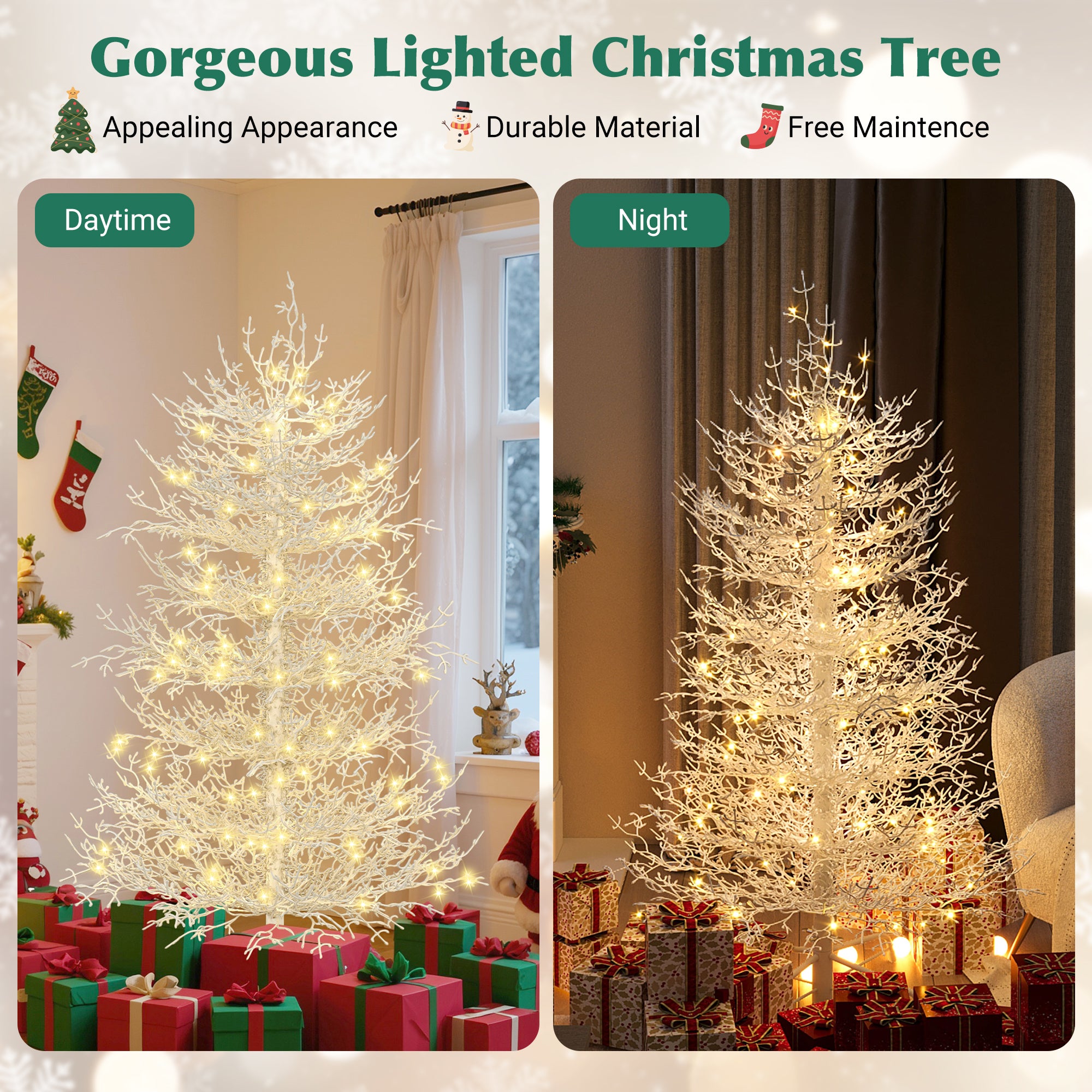4FT Snow Flocked Aspen Fir Artificial Christmas Tree - Hinged, 280 Tips, 230 Warm White LED Lights, Coral White for Home, Party & Holiday Decor