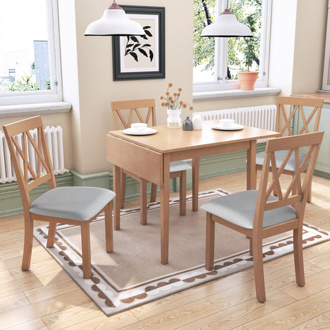 Farmhouse 5-Piece Extendable Dining Set: Natural Drop Leaf Table & 4 Upholstered Chairs for Small Kitchens, Solid Wood & MDF, Space-Saving Design