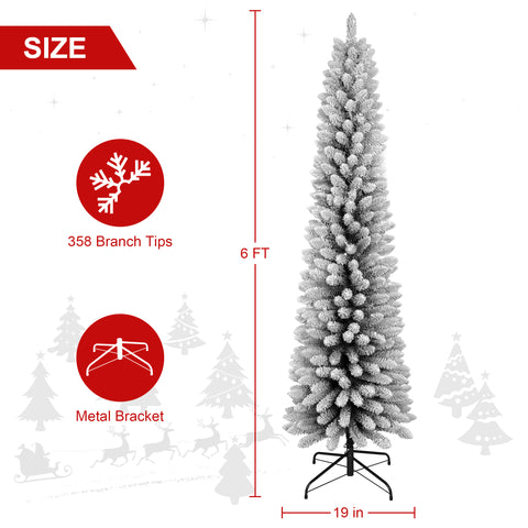 6FT Flocked Pencil Christmas Tree - Slim PVC Snowy Tree with 358 Tips, Realistic Snow Effect, Space-Saving Design for Apartments &amp; Small Spaces, Sturdy Metal Stand, Easy Setup, White &amp; Green