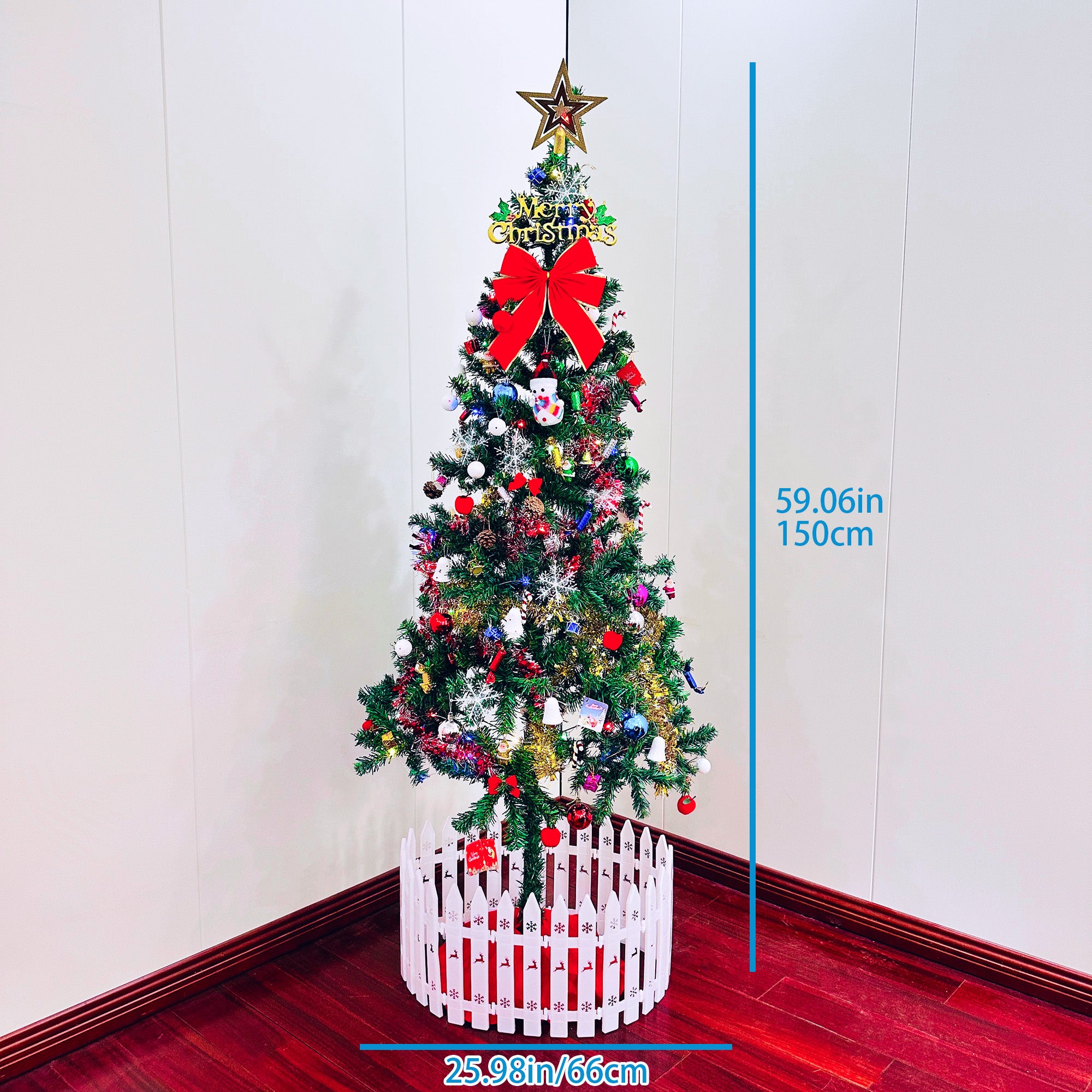 5ft Green Artificial Christmas Tree with Energy-Saving LED Lights & 109 Pendants. Indoor Holiday Decor with Durable Iron Stand & Tree Skirt. Art Deco Style, Plastic & Iron.