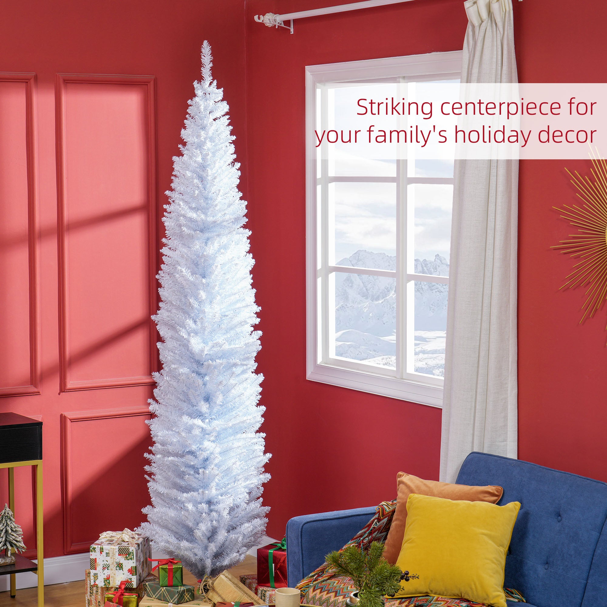 HOMCOM 8ft White Slim Pencil Christmas Tree - Unlit Artificial Xmas Tree with 618 Realistic Branch Tips &amp; Sturdy Plastic Stand for Cozy Home &amp; Holiday Decor