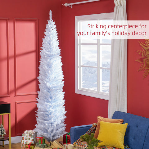 HOMCOM 8ft White Slim Pencil Christmas Tree - Unlit Artificial Xmas Tree with 618 Realistic Branch Tips &amp; Sturdy Plastic Stand for Cozy Home &amp; Holiday Decor