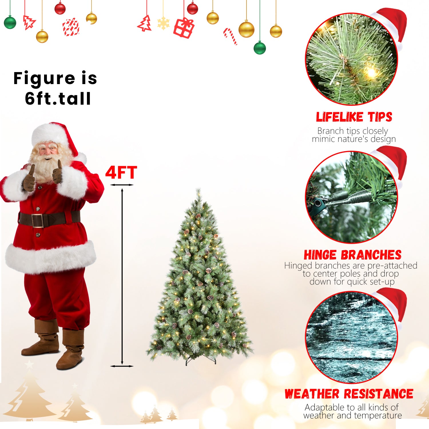 5FT Realistic Christmas Tree - 694 Mixed PVC &amp; Hard Needle Tips, 200 Warm White LED Lights, 51 Pine Cones, Hinged Branches, Sturdy Metal Stand - Full Holiday Decor for Home &amp; Office