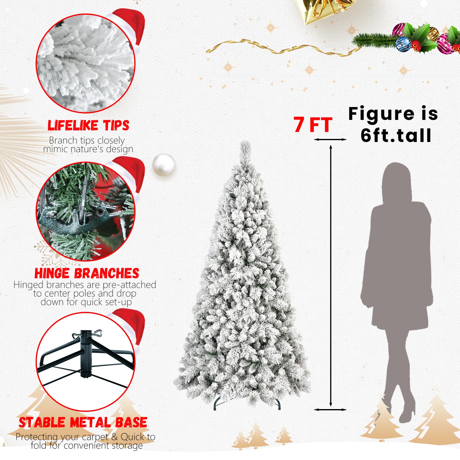 5FT Snowy Flocked Christmas Tree with 250 Warm White LEDs - 518 Full Tips, Hinged PVC &amp; Hard Needle Branches, Sturdy Metal Stand for Realistic Holiday Home Decor