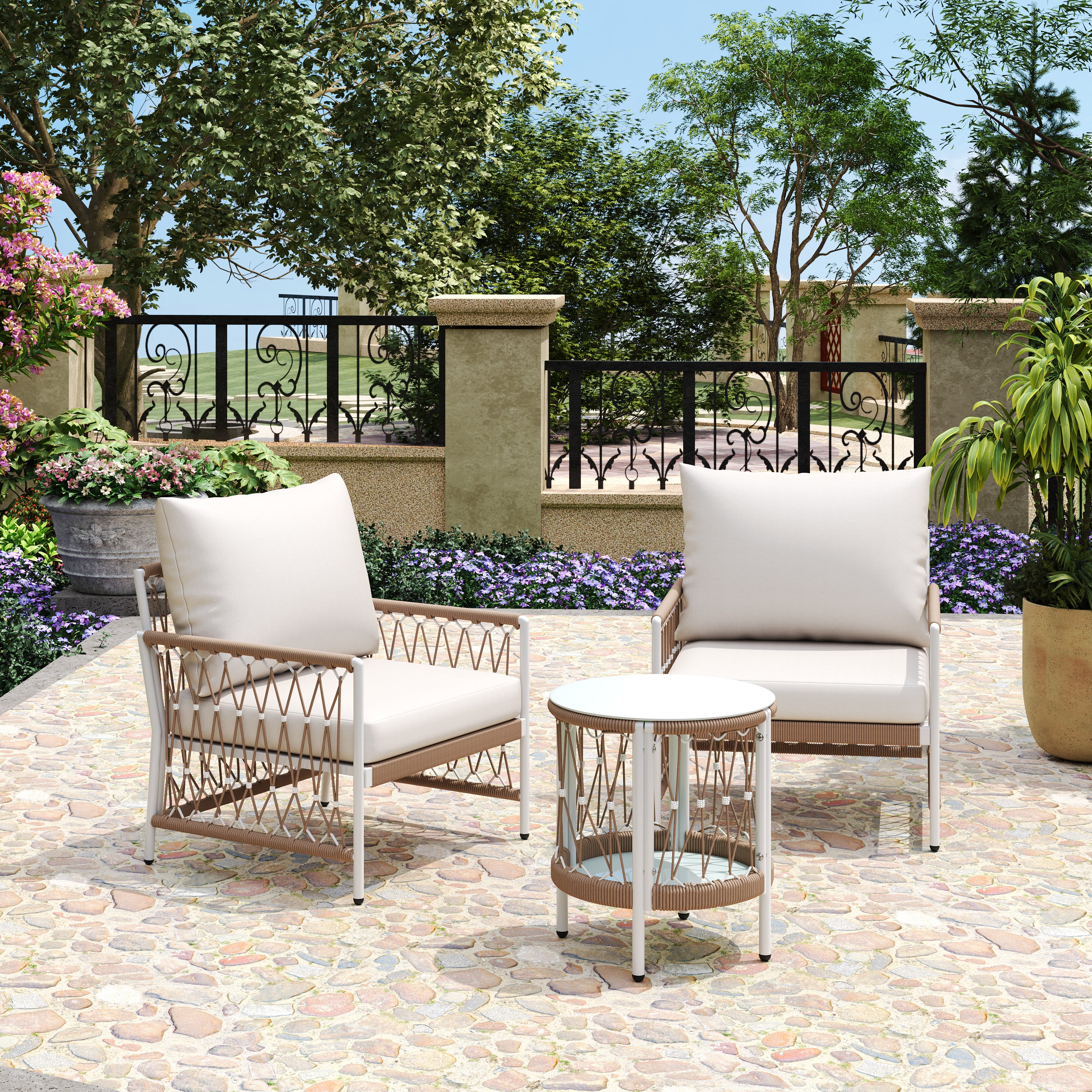 Boho 3-Piece Outdoor Furniture Set: 2 Lounge Chairs & Glass Side Table | Handwoven Rope, Powder-Coated Steel | Waterproof Cushions | Patio, Garden, Poolside Relaxation