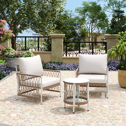 Boho 3-Piece Outdoor Furniture Set: 2 Lounge Chairs & Glass Side Table | Handwoven Rope, Powder-Coated Steel | Waterproof Cushions | Patio, Garden, Poolside Relaxation