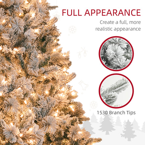 HOMCOM 7.5ft Snow Flocked Pre-Lit Artificial Christmas Tree, 500 Clear Lights, 1530 Tips, Hinged Green Xmas Tree with Metal Stand for Home &amp; Holiday Decor