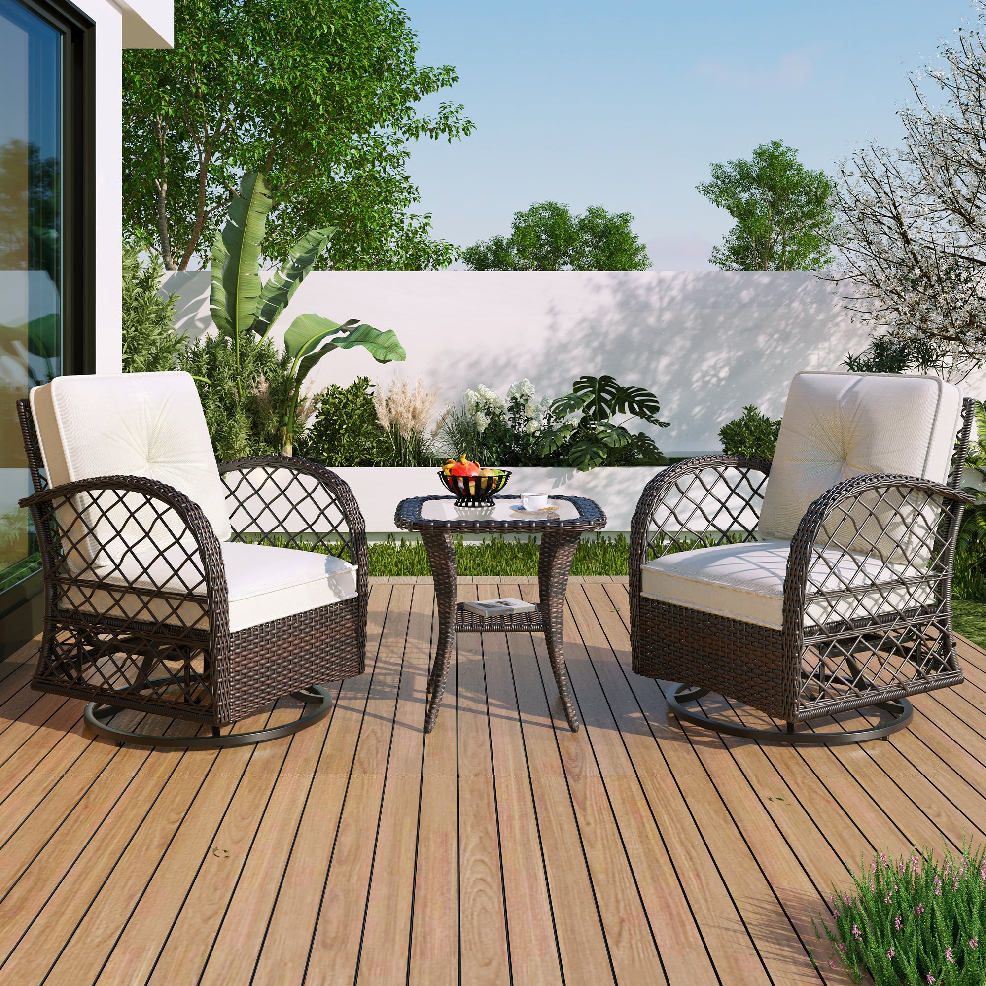 3-Piece Brown Rattan Outdoor Chat Set: 2 Swivel Rocker Chairs &amp; Glass Top Table for Garden Patio Balcony, Weather-Resistant Wicker Seating Group with Cushions