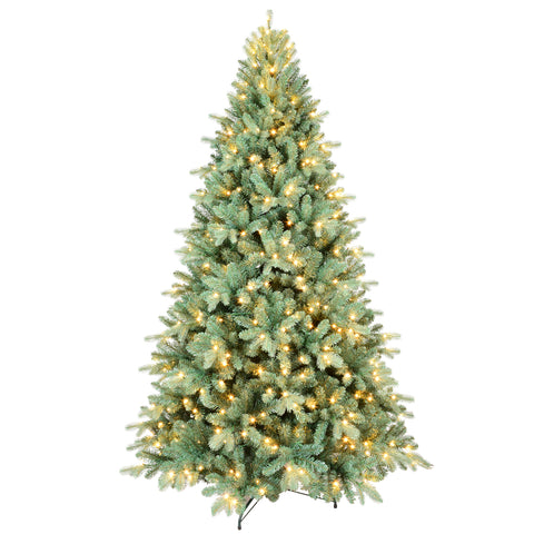 7FT Blue-Green Tint PE/PVC Christmas Tree | 1845 Tips, Hinged Branches, Full Natural Look | 500 Warm White LED Lights | Heavy-Duty Metal Stand | Easy Assembly for Stylish Holiday Decor