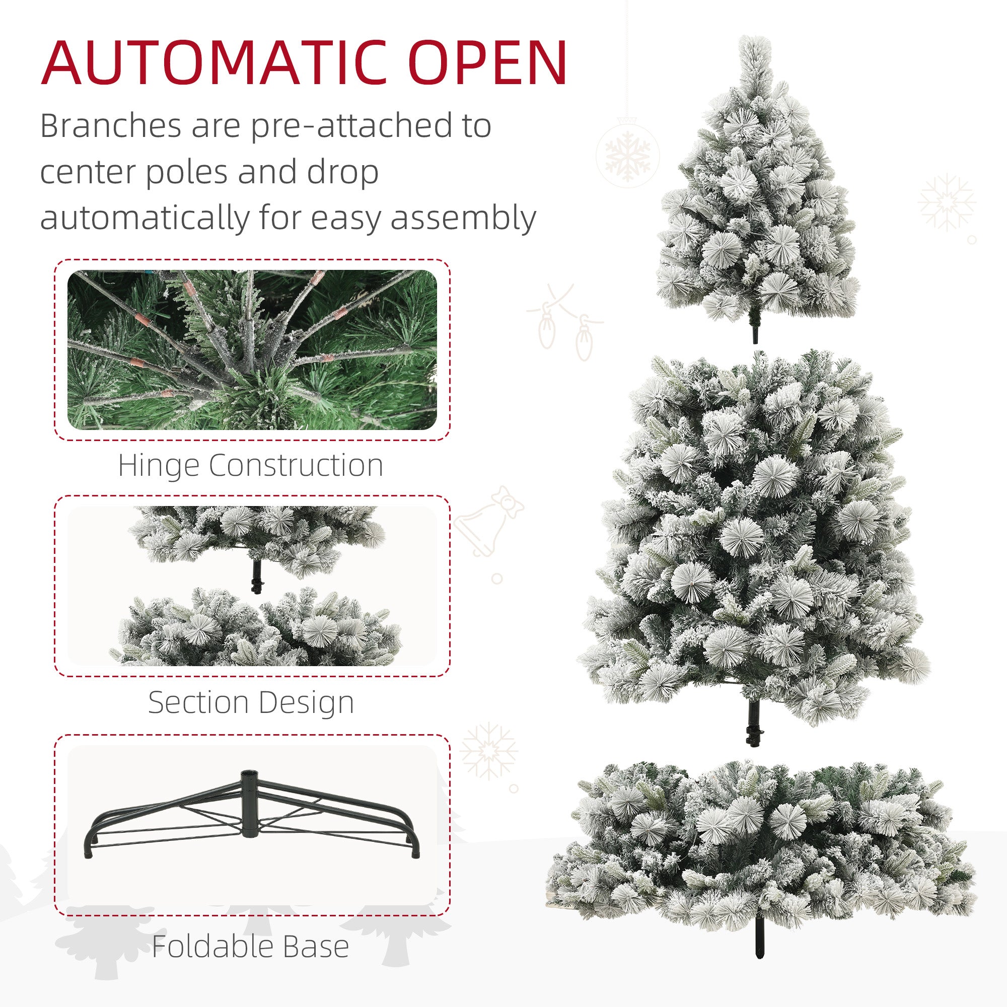 HOMCOM 6.5ft Snow Flocked Artificial Christmas Tree | 350 Clear Lights, 1107 Tips | Hinged, Easy Setup, Metal Stand | Green, Indoor Holiday Decor for Home & Office