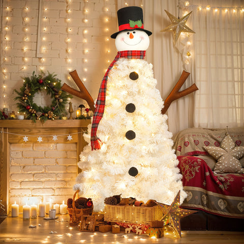 4ft Snowman Christmas Tree - Pre-lit Artificial Xmas Tree with 100 Warm White LED Lights, 380 PVC Branch Tips - Perfect for Indoor/Outdoor Holiday Decor