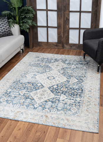 Noble GC_GEN7003 2'7" x 7'3" Navy Blue Polyester Medallion Area Rug - Durable, Stain-Resistant, Low Pile for Entryways & High Traffic Areas, Made in Turkey