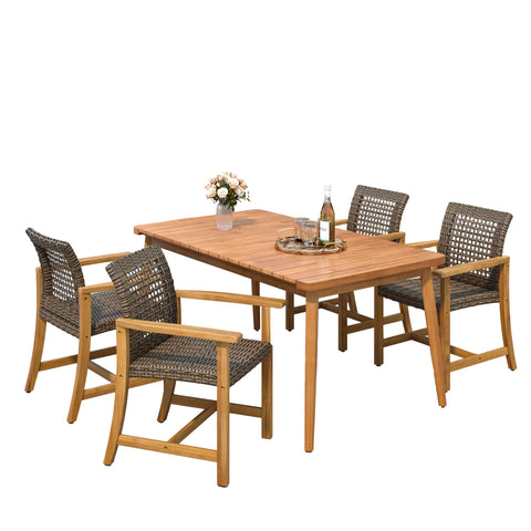 5-Piece Outdoor Patio Dining Set: 63" Acacia Wood Slatted Table & 4 Mix Mocha PE Rattan Chairs with Teak Wood Frames – Durable, Stylish & Easy Assembly for Garden & Backyard Gatherings