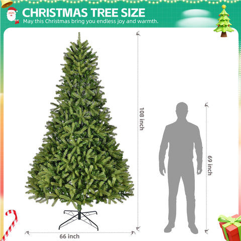 9Ft Premium Green Spruce Artificial Christmas Tree: 2576 PE/PVC Mixed Tips, Unlit Hinged Holiday Decor with Foldable Metal Stand for Easy Assembly &amp; Indoor/Outdoor Use