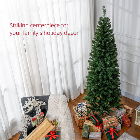 HOMCOM 6ft Slim Pencil Christmas Tree - Unlit Artificial Douglas Fir, Realistic Green Branches, 618 Tips, Flame Retardant Plastic for Home &amp; Office Holiday Decor