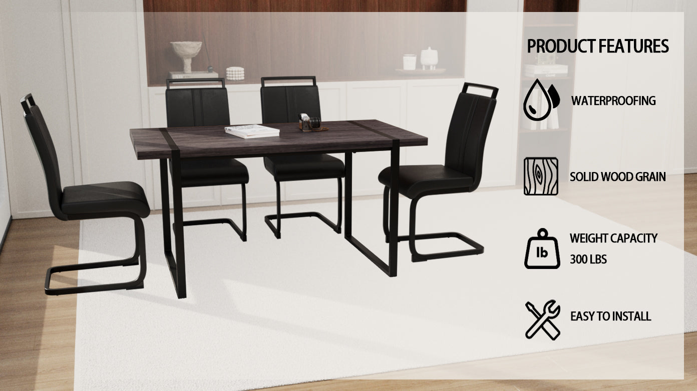 59" Black Rectangular MDF Dining Table Set with 4 PU Armless Chairs - Modern Industrial Farmhouse Style for Kitchen, Dining Room, Office - Comfortable Cushioned Backrests, Sturdy Metal Legs, Easy Assembly
