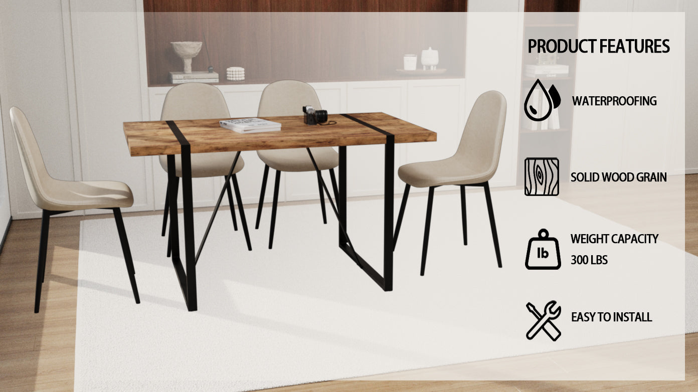 55" Dark Wood Dining Table Set with 4 Beige Suede Chairs - Modern Industrial MDF & Metal Base Kitchen & Dining Room Furniture - Ergonomic Comfort & Easy Assembly