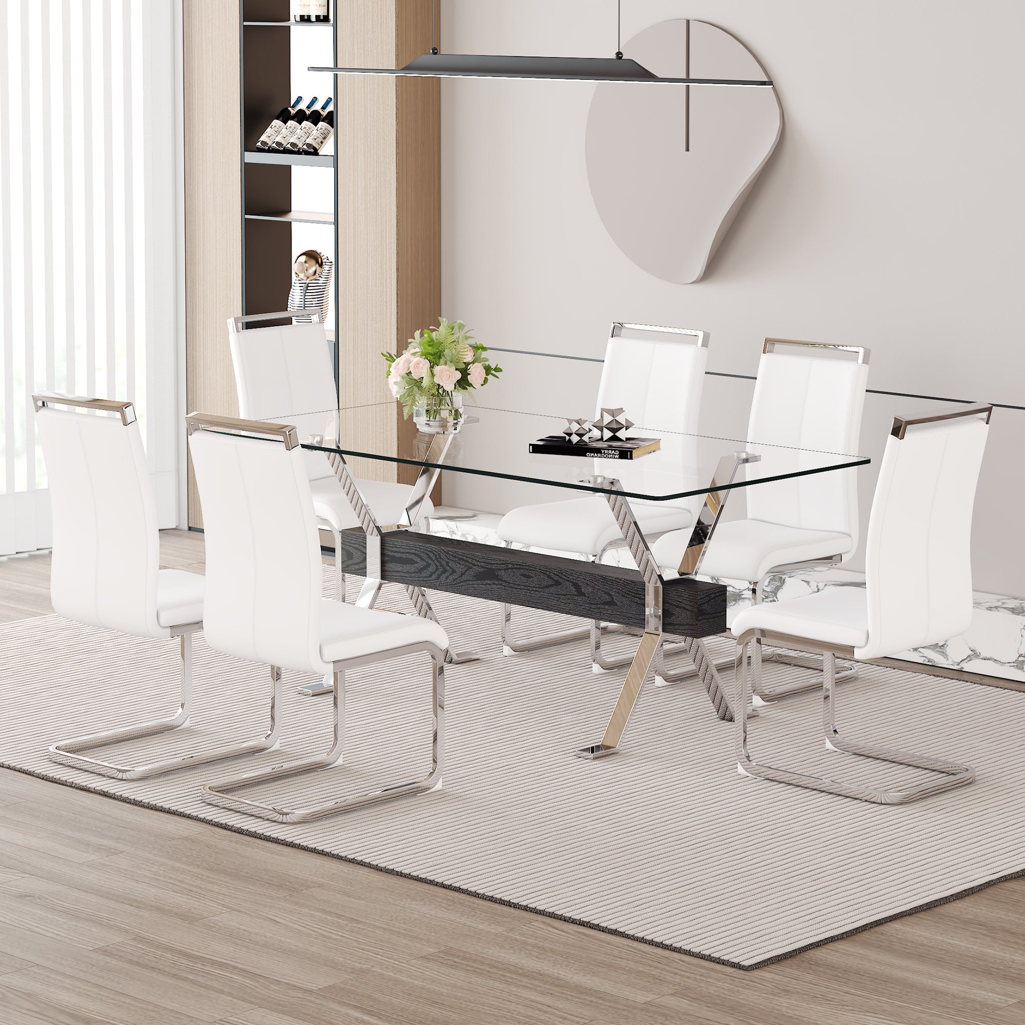 Elegant Transparent Tempered Glass Dining Set with 6 White PU Chairs - 71"x35.4" Modern Kitchen &amp; Dining Room Furniture for 4-8 People, Silver Legs, Minimalist Design