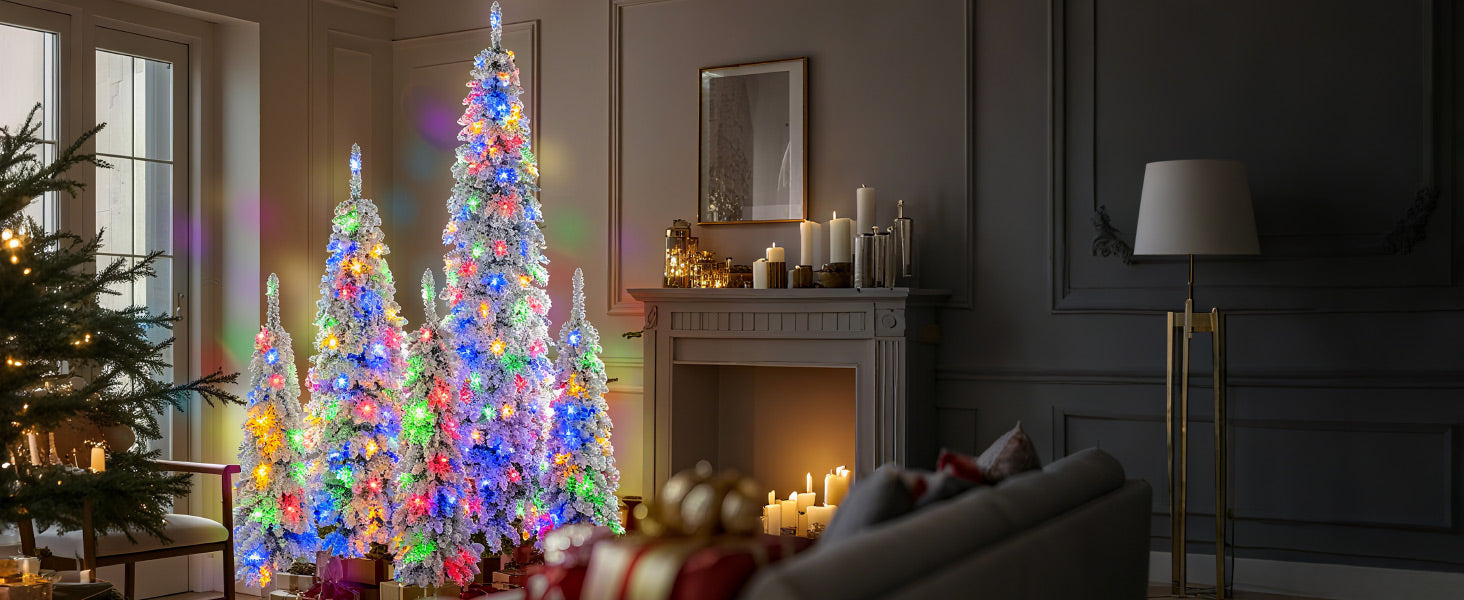 5-Set Pre-Lit Pencil Christmas Trees: 8ft, 6ft, 4ft Slim Artificial Trees w/ Snow Flocking, 350 LED Lights, 11 Modes, Realistic PVC, Indoor Holiday Decor