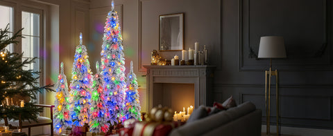 5-Set Pre-Lit Pencil Christmas Trees: 8ft, 6ft, 4ft Slim Artificial Trees w/ Snow Flocking, 350 LED Lights, 11 Modes, Realistic PVC, Indoor Holiday Decor