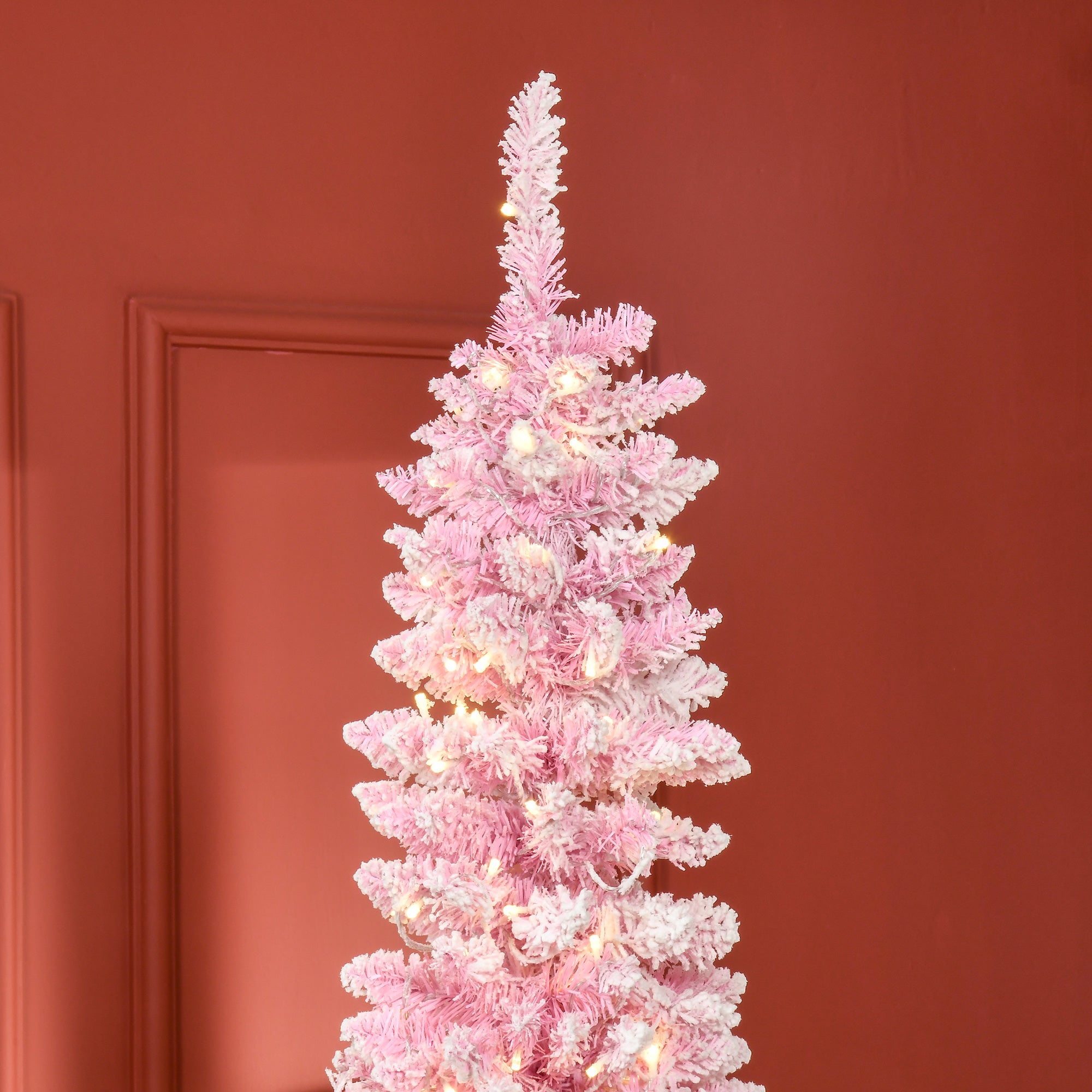 HOMCOM 7.5ft Snow Flocked Pencil Christmas Tree, Pink & White, Warm White LEDs, Auto-Open Branches, Realistic Pine, Flame-Retardant Plastic, Indoor Holiday Decor