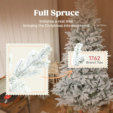 7.5ft Frosted Spruce Christmas Tree: Realistic Snow-Dusted Full Shape, 1762 Dense Branches, Hinged Auto-Open for Easy Assembly, Fire-Retardant, Stable Metal Stand for Home &amp; Holiday Decor