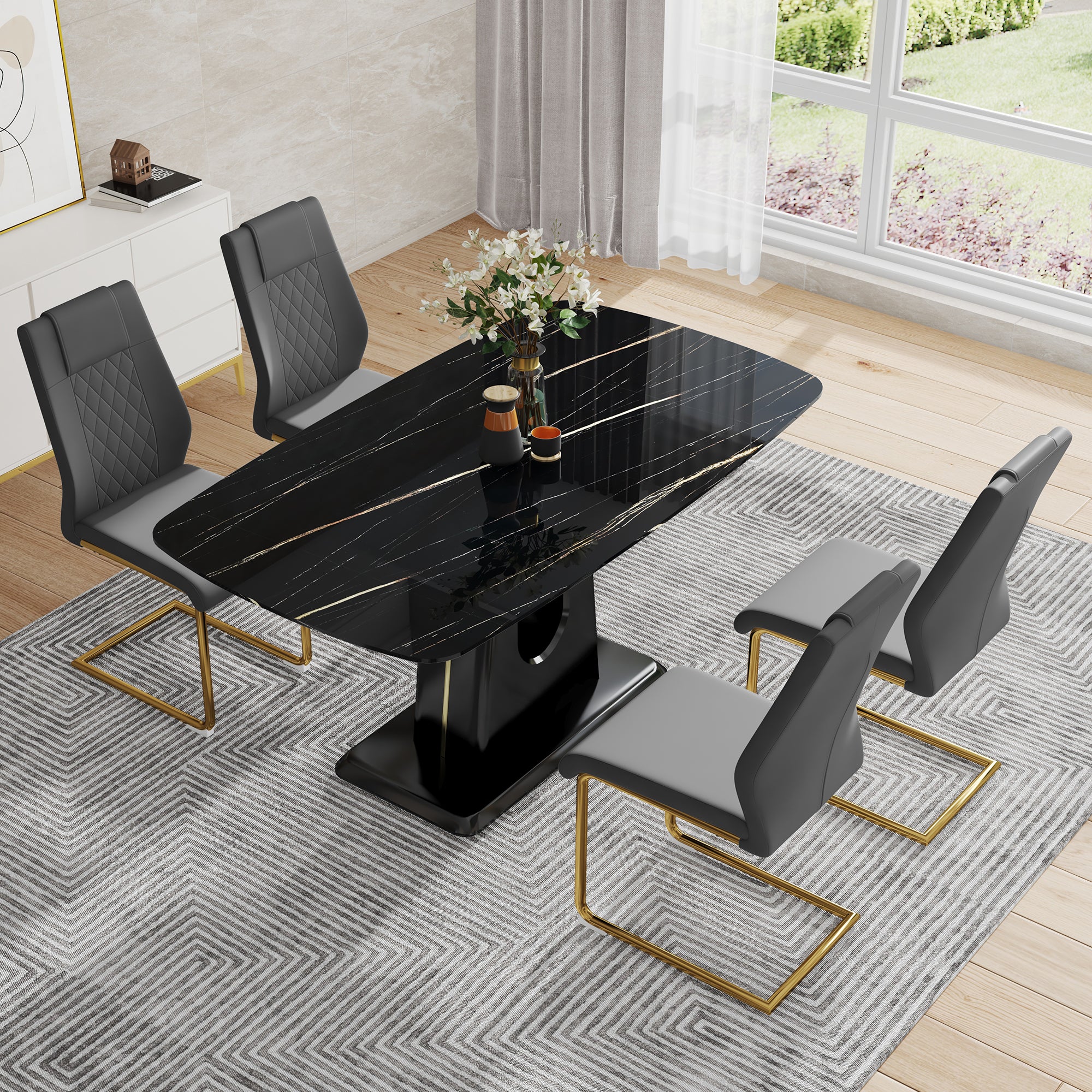 Modern Minimalist Dining Table Set with Imitation Marble Glass Top &amp; U-Bracket Legs - Seats 4-8 - Black &amp; Gold MDF - Perfect for Dining &amp; Living Rooms
