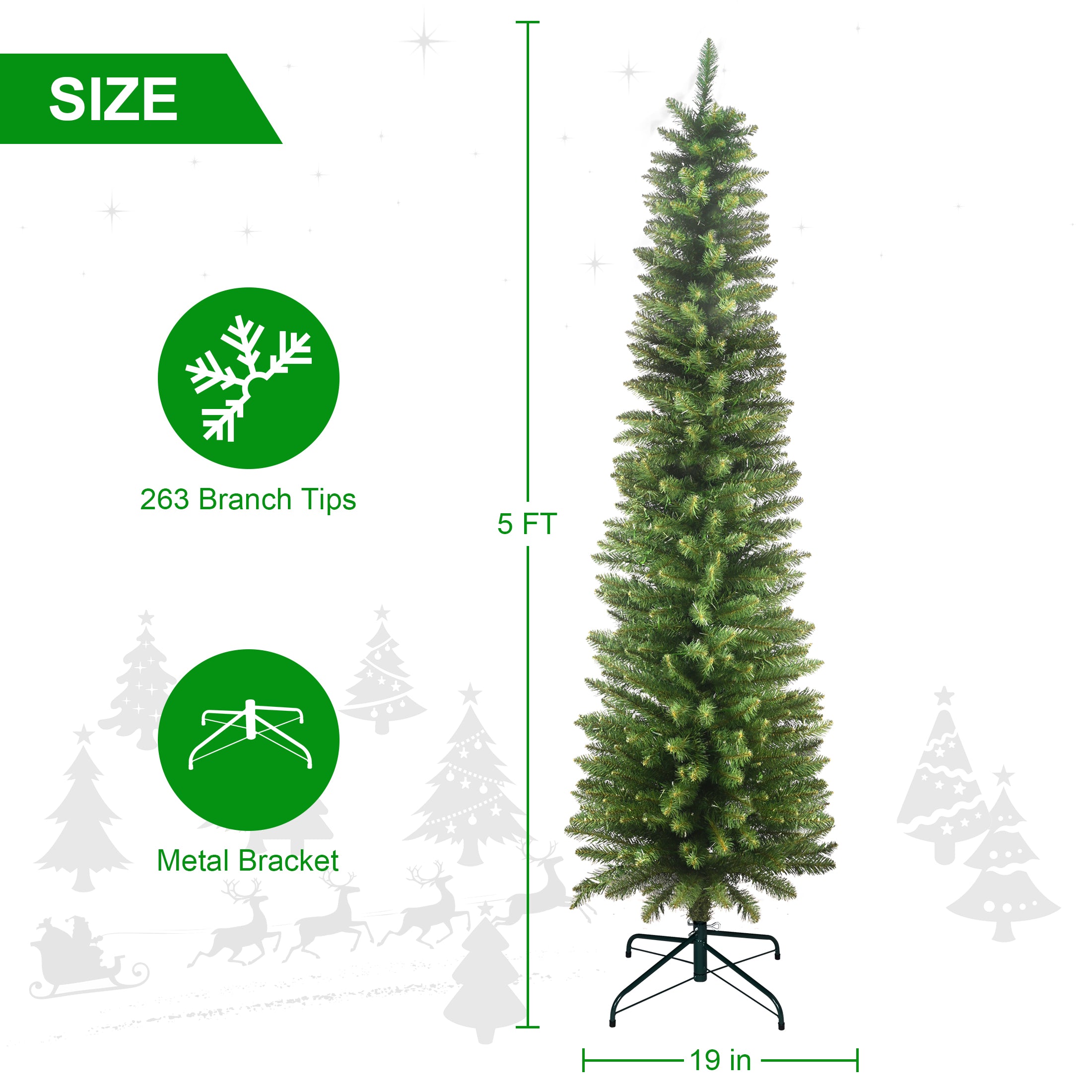 5FT Slim Green Pencil Christmas Tree - Realistic PVC with 263 Tips, Space-Saving Design, Stable Metal Stand for Small Homes, Apartments &amp; Corners