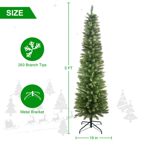5FT Slim Green Pencil Christmas Tree - Realistic PVC with 263 Tips, Space-Saving Design, Stable Metal Stand for Small Homes, Apartments &amp; Corners