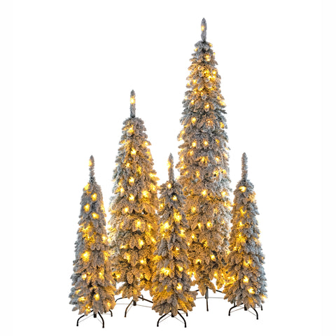 5-Set Pre-Lit Pencil Christmas Trees: 8ft, 6ft, 4ft Slim Artificial Trees w/ Snow Flocking, 350 LED Lights, 11 Modes, Realistic PVC, Indoor Holiday Decor