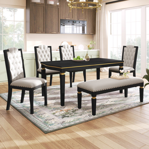 6-Piece Black Rectangular Dining Table Set for 6: 60" Solid Wood Table, 4 High-Back Tufted Upholstered Chairs &amp; Bench - Ideal for Dining Room &amp; Kitchen Gatherings