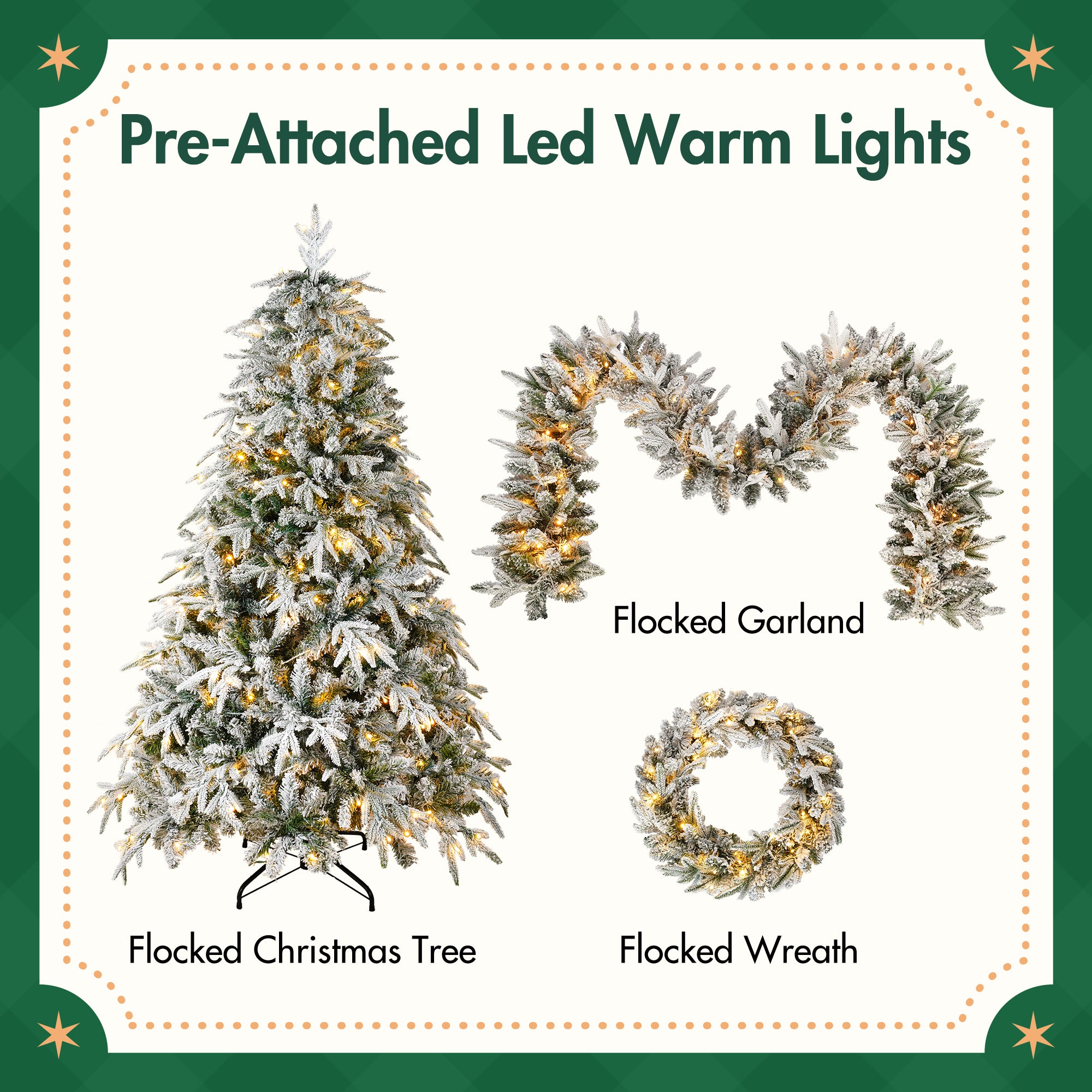 Snow Flocked Christmas Wreath, Garland & 6ft Tree 3-Pack Decor Set | Warm White LED Lights | 900-Tip PVC/PE Tree | Indoor/Covered Outdoor Use | Festive Winter Wonderland Ambiance