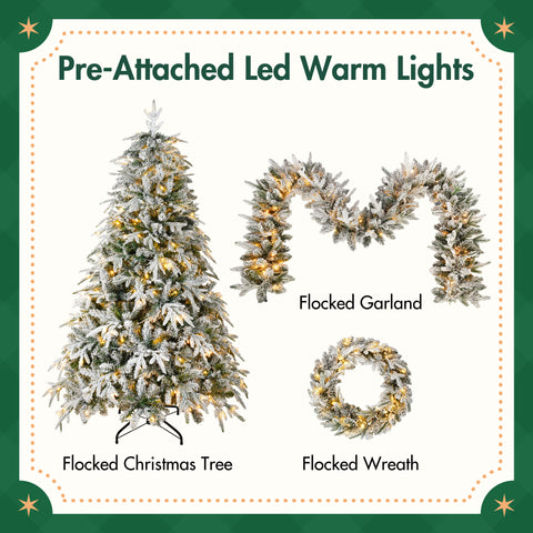 Snow Flocked Christmas Wreath, Garland & 6ft Tree 3-Pack Decor Set | Warm White LED Lights | 900-Tip PVC/PE Tree | Indoor/Covered Outdoor Use | Festive Winter Wonderland Ambiance
