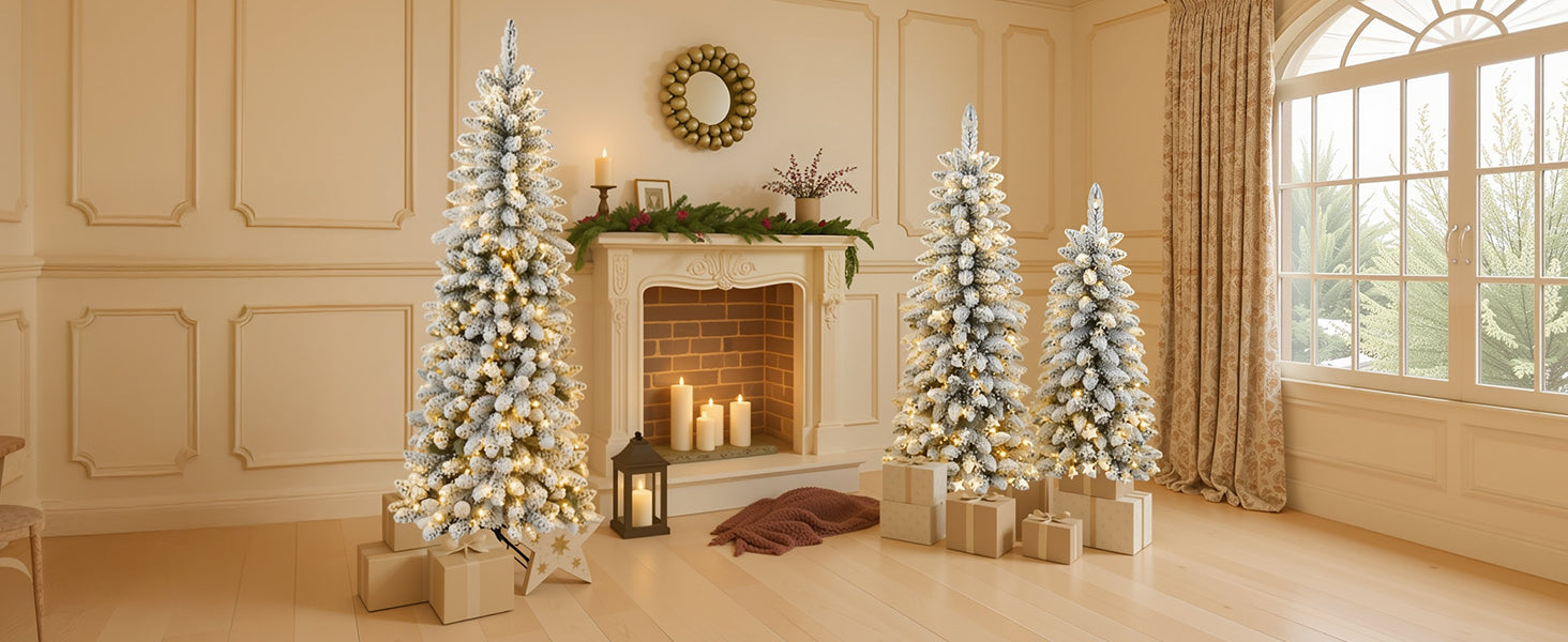 3 Pcs Flocked Artificial Christmas Trees Set w/ Warm White LED Lights, 4ft 5ft 6ft Snow-Covered Pine Tree Decor for Indoor Holiday Parties, Easy Assembly, Dense PVC Tips, Metal Stand, Green/White