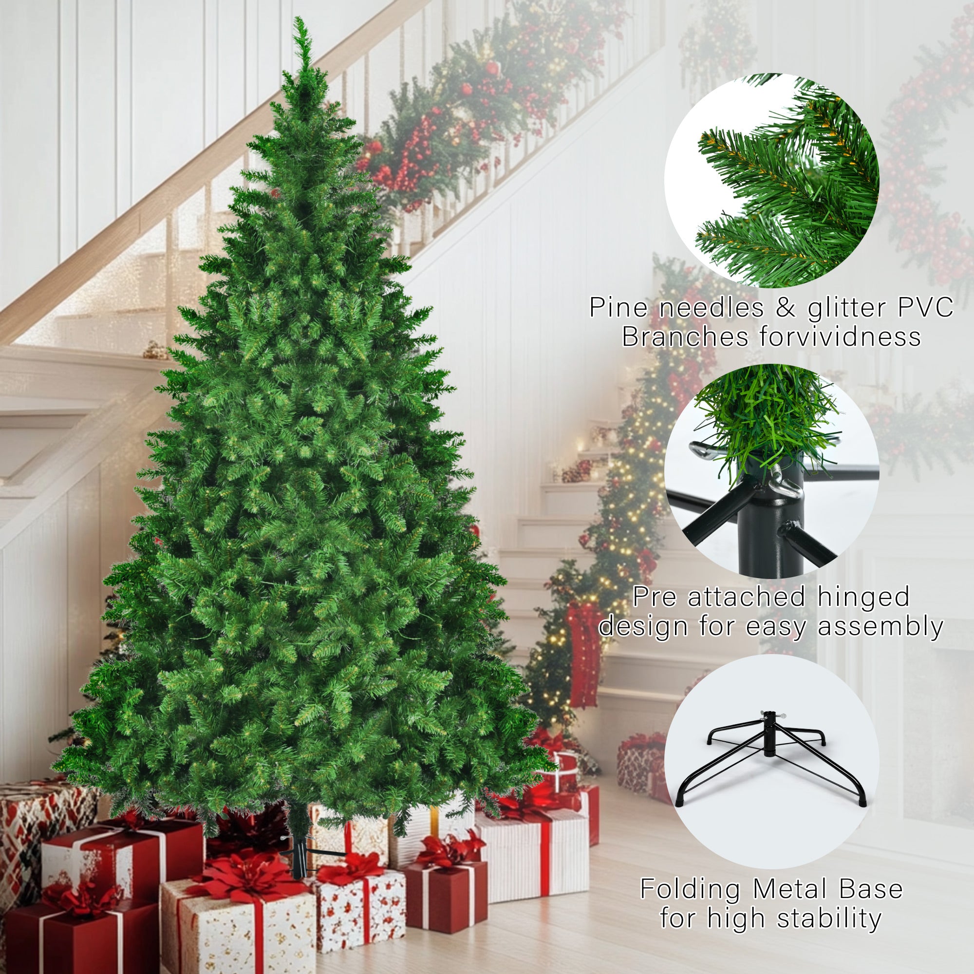 Set of 3 Pre-Lit Green Pine Artificial Christmas Trees (4ft, 6ft, 8ft) with 820 Warm Yellow LED Lights & 2539 Realistic Branch Tips - Hinged Xmas Tree Decor for Home, Office, Party