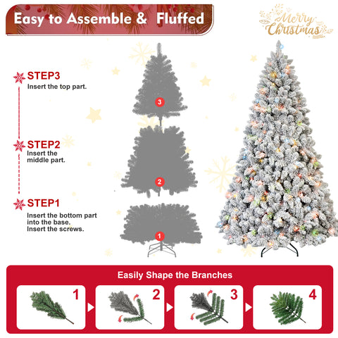 4FT Snow-Flocked Christmas Tree | 150 Colorful UL Lights | 21 Natural Pine Cones | 366 Snowy PVC Tips | Hinged Branches | Metal Stand | Easy Setup | Winter Wonderland Decor