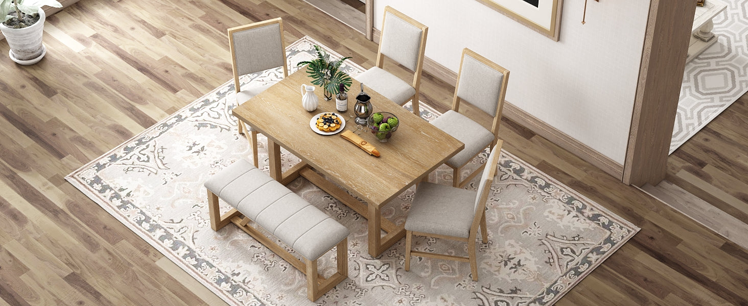 TREXM 6-Piece Retro Dining Table Set for 6, 60" Oak Veneer Wood Kitchen Table & 4 Chairs with Upholstered Bench, Natural Finish, Dining Room & Kitchen Use, Durable Rubberwood Legs
