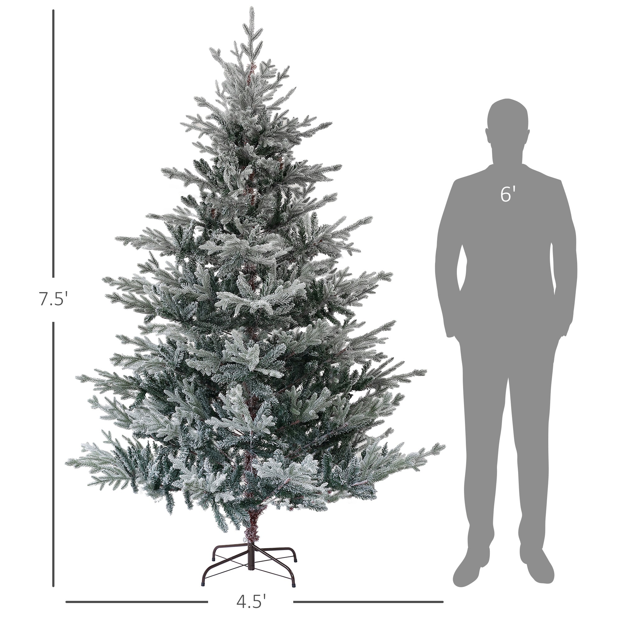 HOMCOM 7.5ft Snow Flocked Nordic Pine Artificial Christmas Tree | 1218 Tips, Hinged & Foldable Metal Stand | Realistic Green Xmas Tree for Indoor Holiday Decor, Easy Assembly