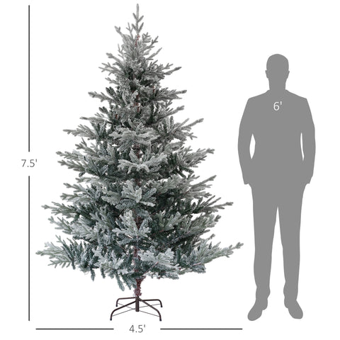 HOMCOM 7.5ft Snow Flocked Nordic Pine Artificial Christmas Tree | 1218 Tips, Hinged & Foldable Metal Stand | Realistic Green Xmas Tree for Indoor Holiday Decor, Easy Assembly